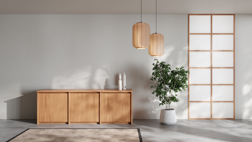 Minimalist interior design with wooden cabinet, pendant lights, potted plant and shoji screen for a serene living space