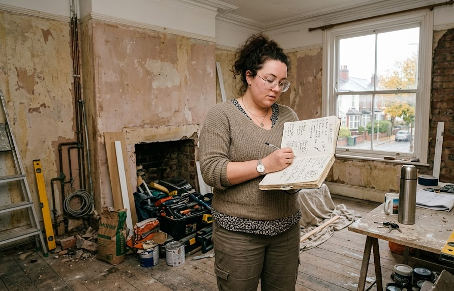 Woman taking notes in a renovation project, surrounded by tools and construction materials in a partially renovated room